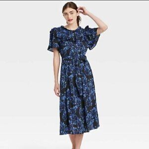 Who What Wear midi dress black blue printed ruffle womens small short sleeve